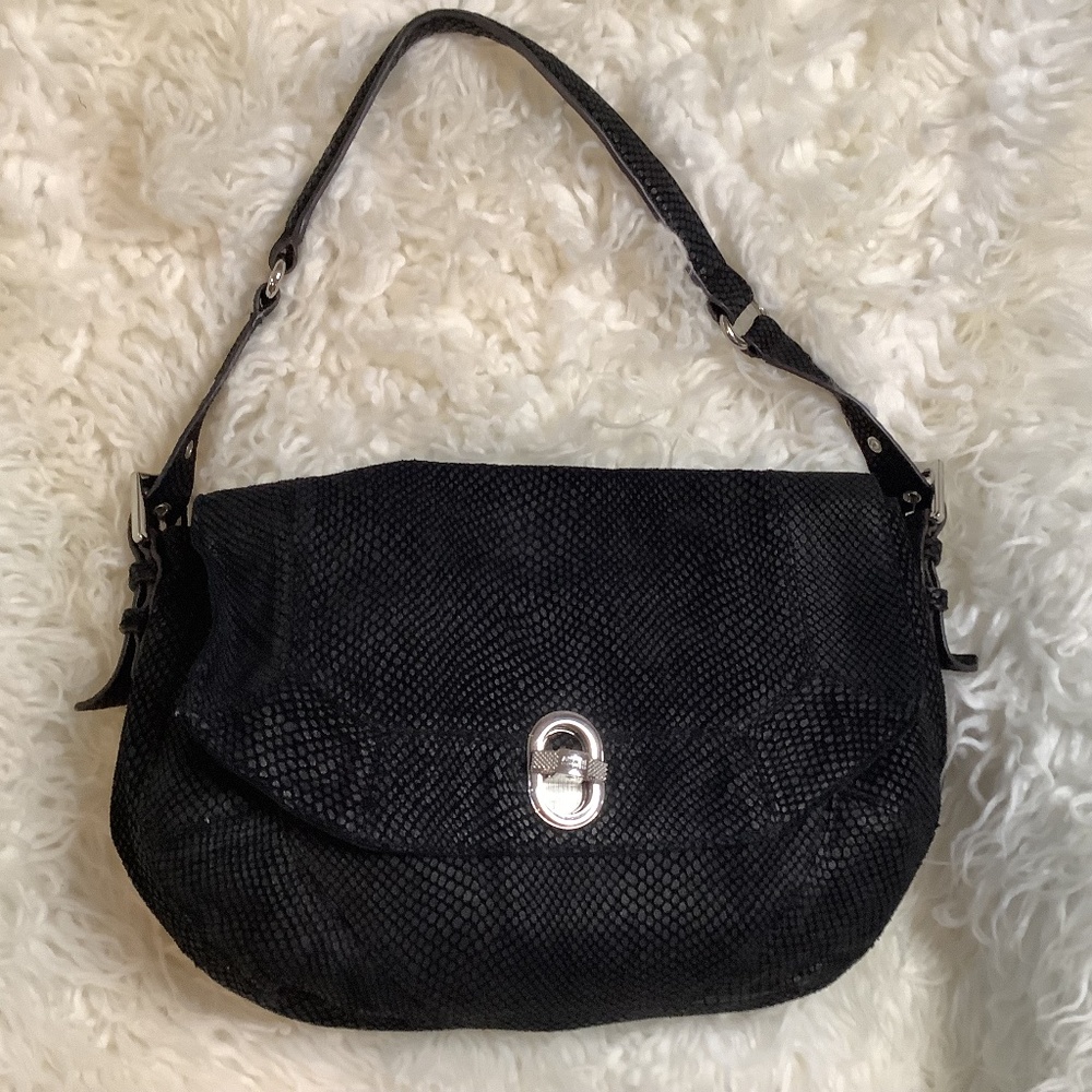 EUC Aimee Kestenburg black suede leather shoulder chest snake